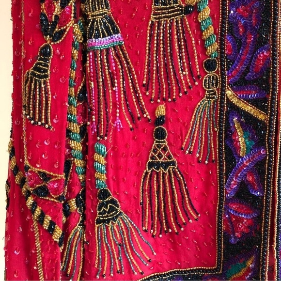 Vintage Niteline Red Sequined Holiday Jacket Tassels Silk Blazer 80s XL - Picture 8 of 9